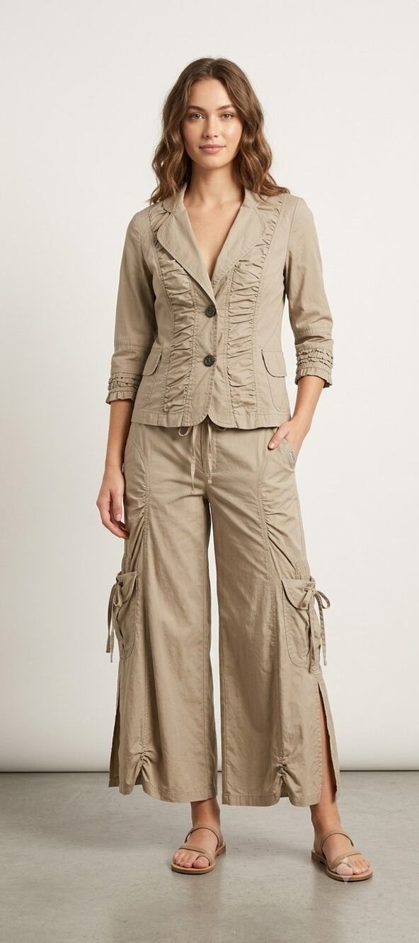 XCVI Beige Cotton Jacket Top Wide Leg Cargo Pants Set S XS